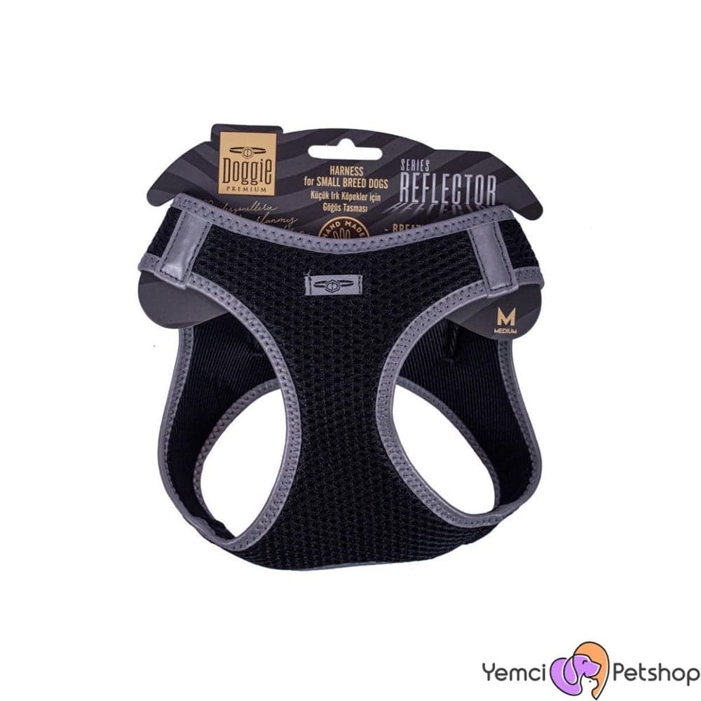 DOGGİE HAVALI DOKUMA REFLEKTÖR SERİSİ KÜÇÜK IRK GÖĞÜS TASMASI SİYAH L-42-48CM