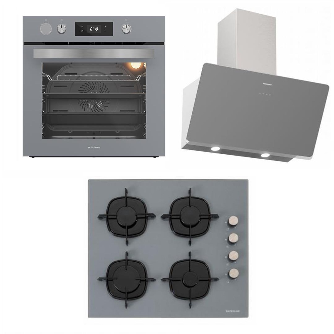 Silverline 3457 Davlumbaz-CS5335S01 Ocak-BO65P4S01 Fırın Gri Cam Ankastre Set