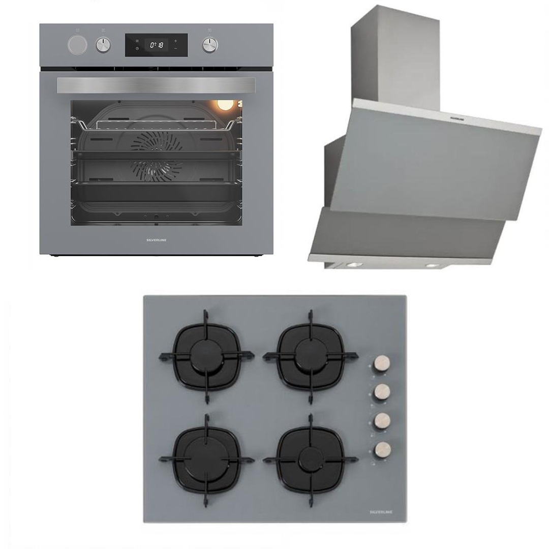 Silverline 3420 Davlumbaz-CS5335S01 Ocak-BO65P4S01 Fırın Gri Cam Ankastre Set 