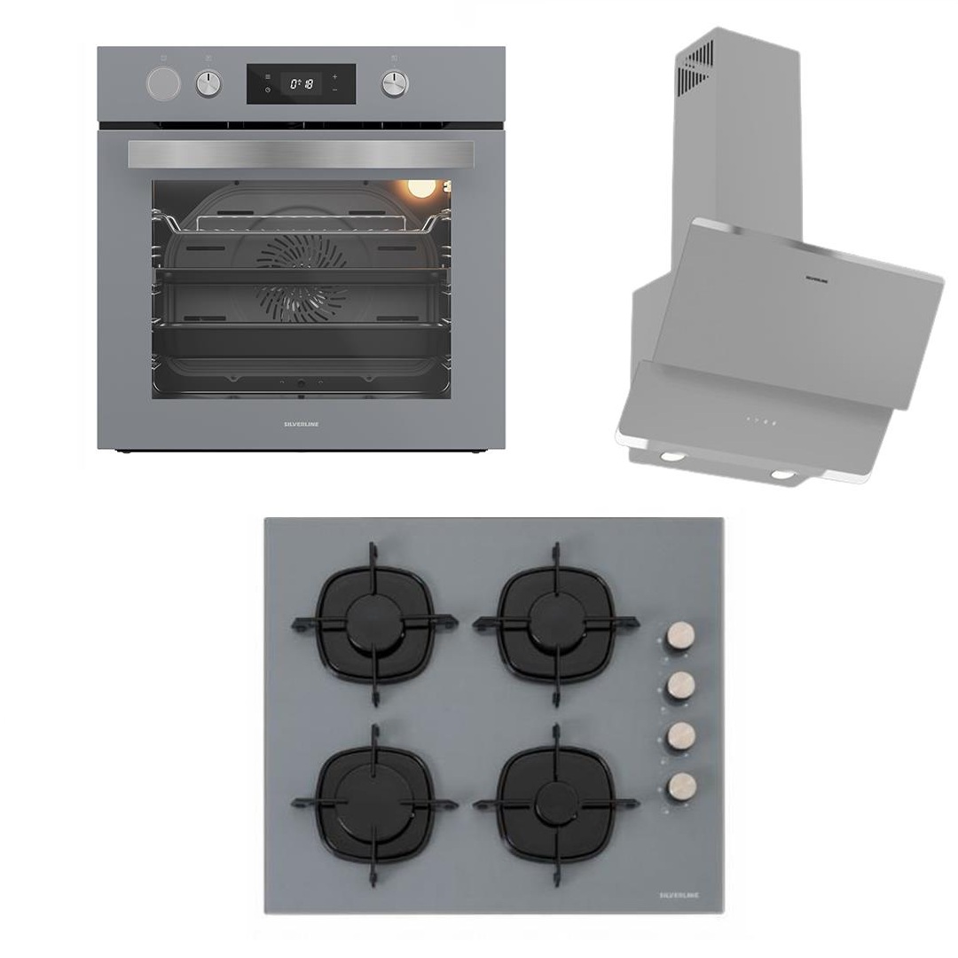 Silverline 3490 Oslo Davlumbaz-CS5335S01 Ocak-BO65P4S01 Fırın Gri Cam Ankastre Set