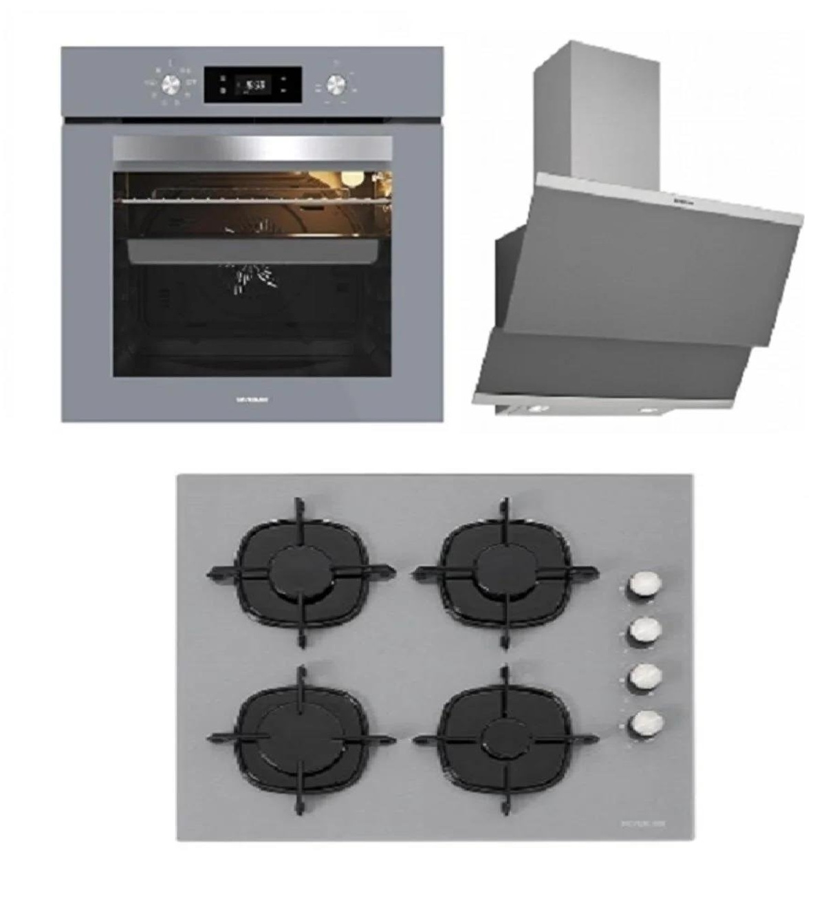 Silverline 3420 Davlumbaz-CS5335S01 Ocak-BO65E4S01 Fırın Gri Cam Ankastre Set 