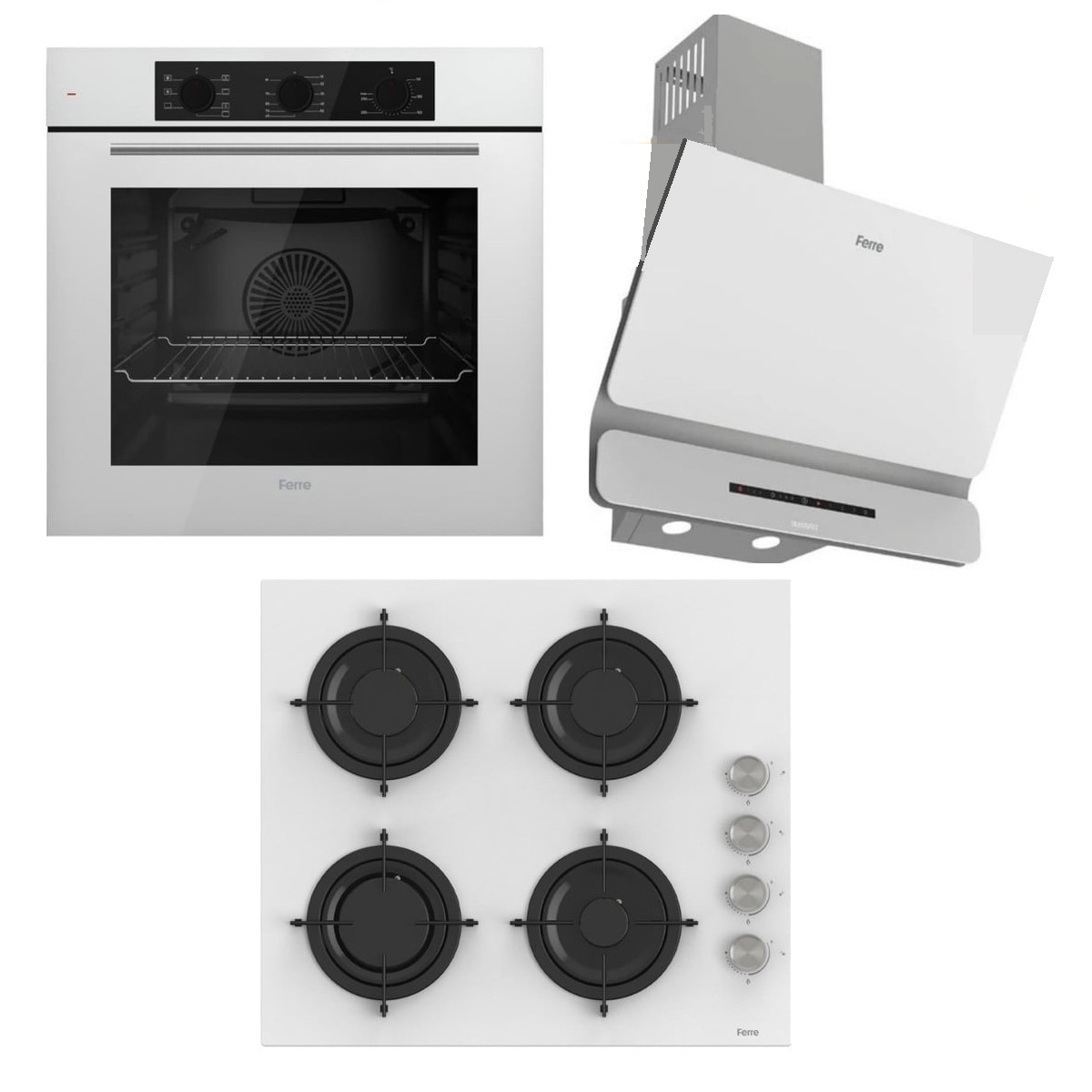 Ferre XE63CB Fırın-CS206 -Fa Ocak-D081 -Sa Davlumbaz Beyaz Cam Ankastre Set