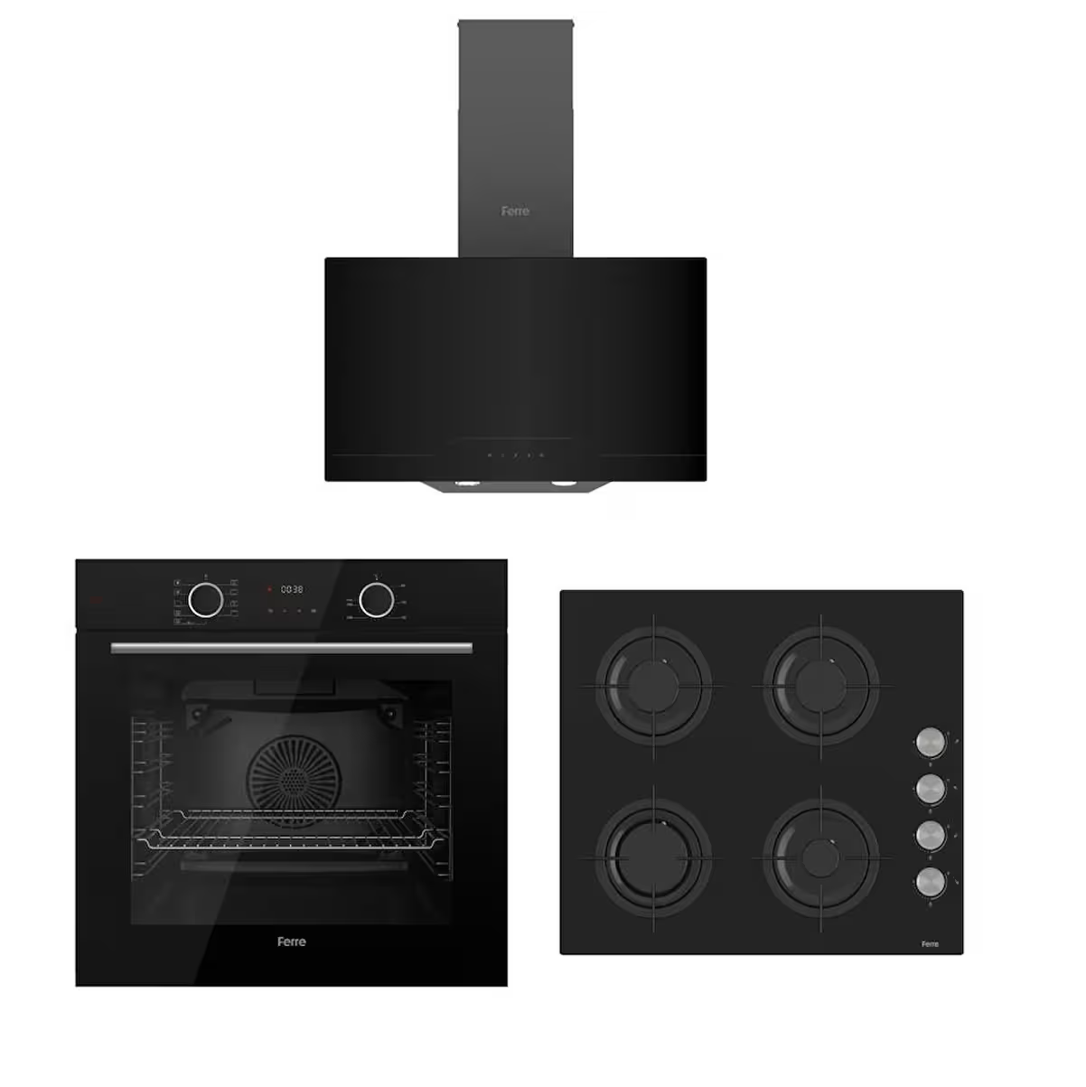 Ferre CS205 Ocak-XE63CS Fırın-D063 Davlumbaz Siyah Cam Ankastre Set 