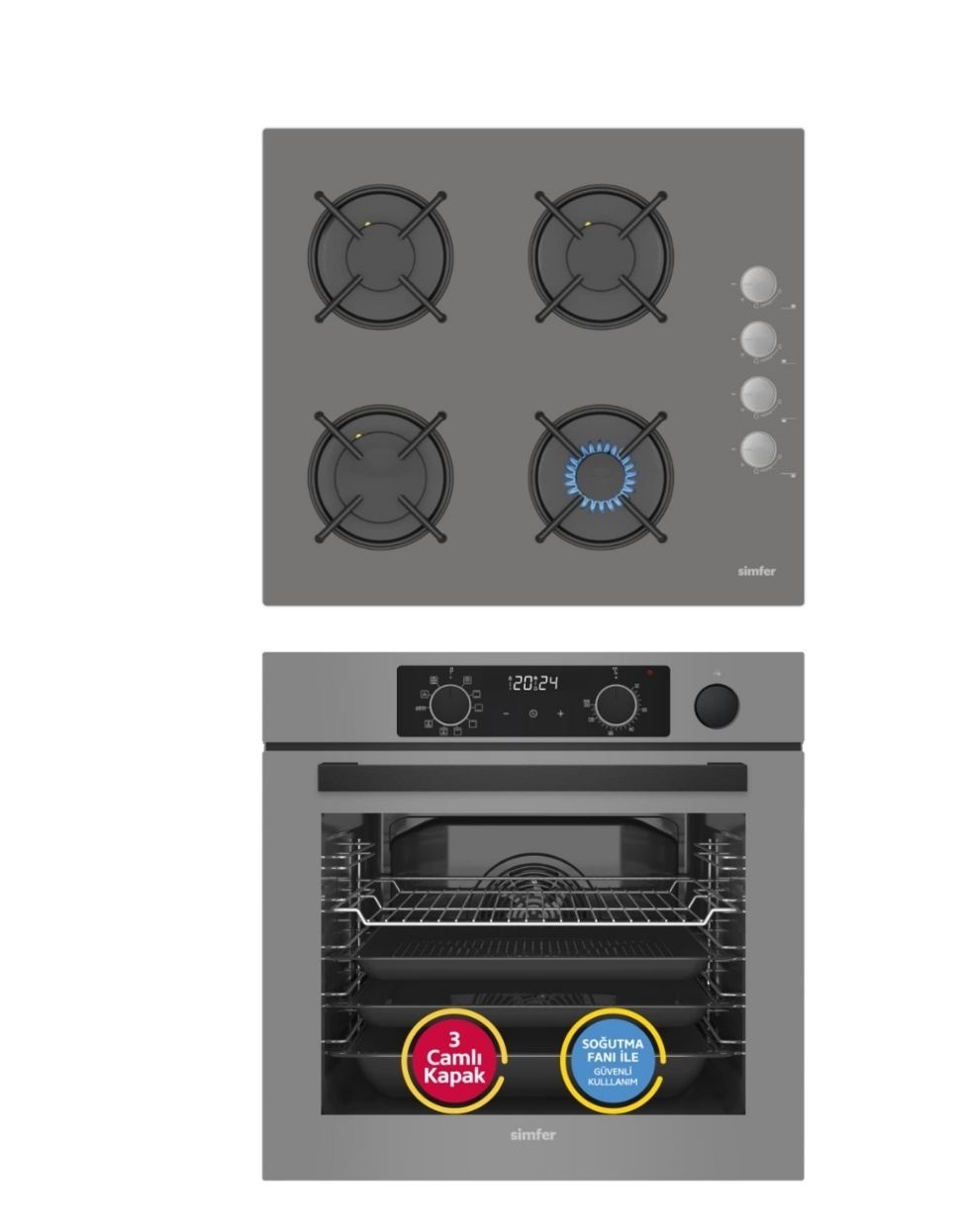 Simfer 8246 Fırın-3538 Ocak Gri Cam Ankastre Set