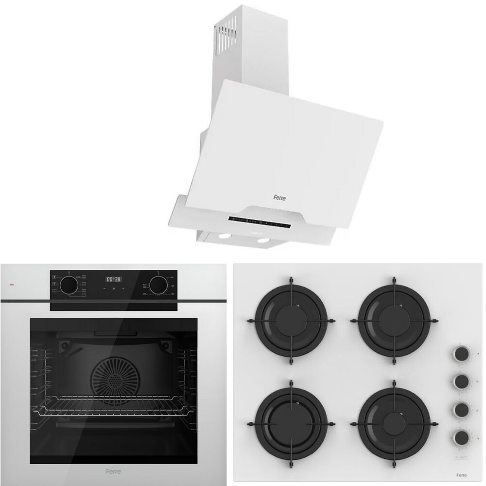 Ferre QEP63CB Fırın-CS206-FA Ocak-D063-SA Davlumbaz Beyaz Cam Ankastre Set