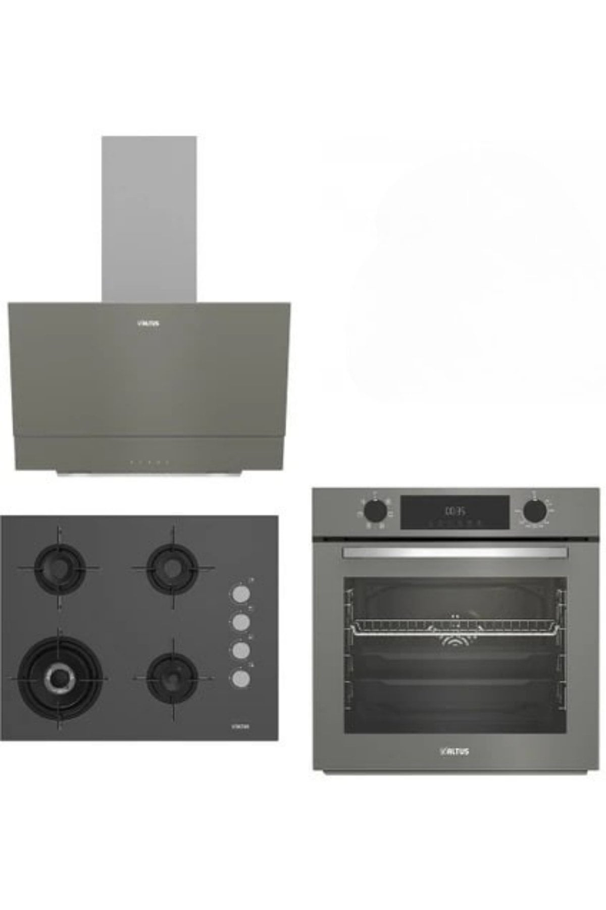 Altus ALA 322 G Turbo Fırın-ALA 189 DG Woklu Ocak-ALA 510 G Davlumbaz Gri Cam Ankastre Set